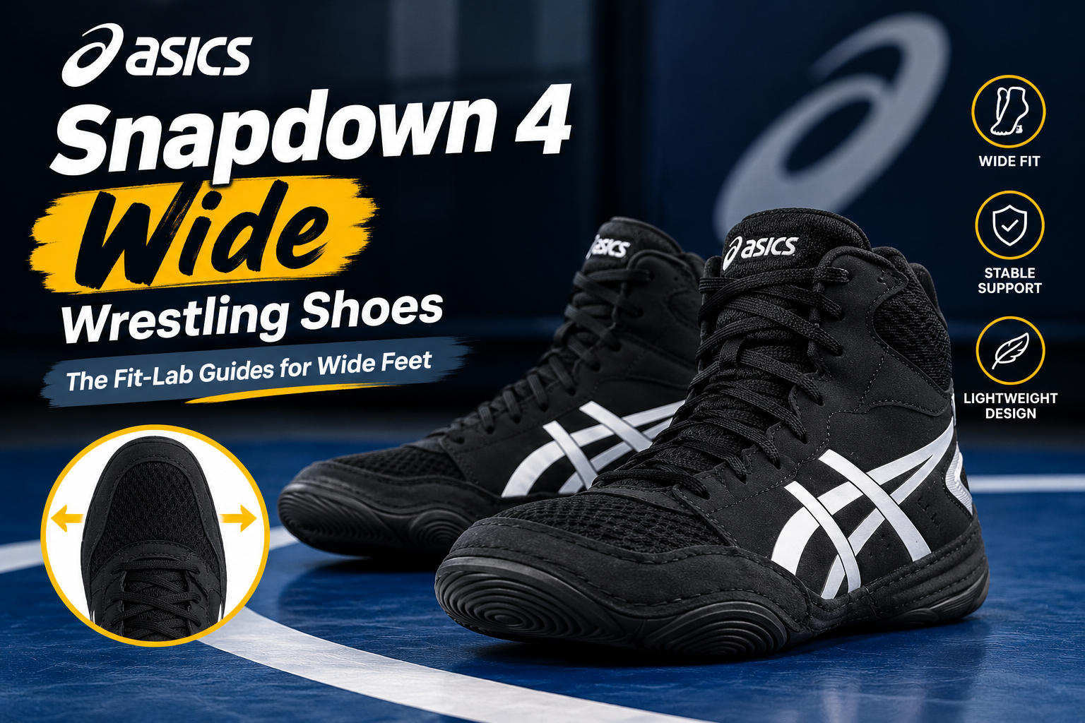 ASICS Snapdown 4 Wide wrestling shoes beside calipers and a foot-width measurement worksheet